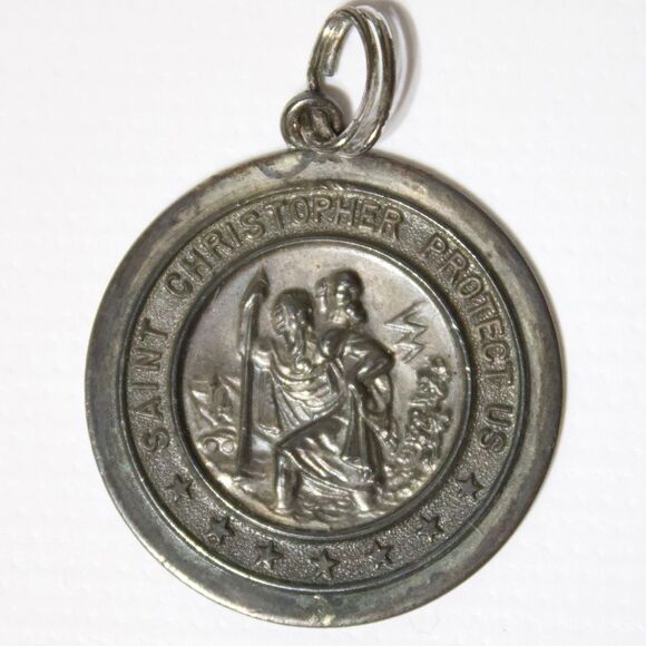 Vintage Mid Century 1" Sterling Silver Saint Christopher Pendant (A7) - Picture 1 of 5